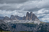 Three Peaks panorama on a cloudy day, Dolomites, Italy, Europe