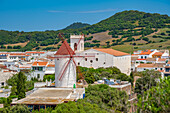 View of Sant Marti del Mercadal church, windmill and town from elevated position, Es Mercadal, Menorca, Balearic Islands, Spain, Mediterranean, Europe