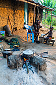 Fireplace, Teke tribal village, Congo River, Democratic Republic of the Congo, Africa
