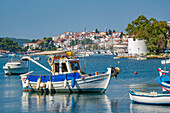 View of boats and Skiathos Town, Skiathos Island, Sporades Islands, Greek Islands, Greece, Europe