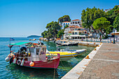 View of Belvedere Skiathos Old Port and Skiathos Town, Skiathos Island, Sporades Islands, Greek Islands, Greece, Europe
