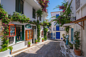 Blick auf die Geschäfte in der weiß getünchten Straße in Skiathos-Stadt, Insel Skiathos, Sporaden, Griechische Inseln, Griechenland, Europa