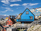 Colorfully painted houses in the small town of Uummannaq on Uummannaq Island, Greenland, Denmark, Polar Regions