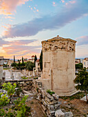 Tower of the Winds (Horologion of Andronikos Kyrrhestes) at sunset, Roman Forum, Athens, Attica, Greece, Europe