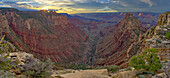 Hance Creek at sunset with Sinking Ship on the left and Coronado Butte right of center right, Grand Canyon, Grand Canyon National Park, UNESCO World Heritage Site, Arizona, United States of America, North America