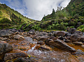 Vale das Lambadas, ein abgelegenes Tal mit einem Fluss voller Mineralien und Eisen (rostige Farbe), Insel Sao Miguel, Die Azoren, Portugal, Atlantik