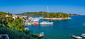 View of boats in the Old Port from above, Skiathos Town, Skiathos Island, Sporades Islands, Greek Islands, Greece, Europe