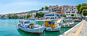 View of town overlooking the harbour, Skopelos Town, Skopelos Island, Sporades Islands, Greek Islands, Greece, Europe