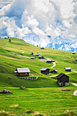Typische Berghütten aus Holz auf grünen Wiesen, Sass de Putia, Dolomiten, Passo delle Erbe, Südtirol, Italien, Europa