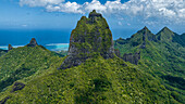 Aerial of the rugged peaks of Moorea (Mo'orea), Society Islands, French Polynesia, South Pacific, Pacific