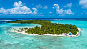Aerial of a little islet with a white sand beach, Maupiti, Society Islands, French Polynesia, South Pacific, Pacific