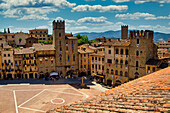 Aerial view of medieval buildings in Piazza Grande, Arezzo, Tuscany, Italy, Europe