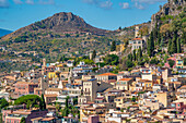 View of Taormina from the Greek Theatre, Taormina, Sicily, Italy, Mediterranean, Europe