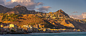 View of Castelmola, Taormina and Giardini Naxos viewed from Giardini Naxos beach, Sicily, Italy, Mediterranean, Europe
