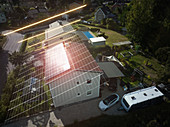 High angle view of roof with solar panels