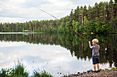 Boy fishing at lake