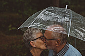 Anderes Paar küsst sich unter Regenschirm