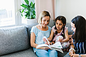 Family sitting on sofa