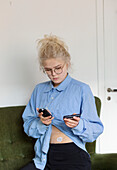 Young woman using insulin pump