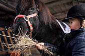 Mädchen füttert Pony im Stall