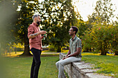 Male friends talking in park