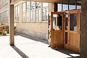 Children at school entrance door