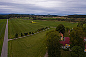 Aerial view of farm at dusk