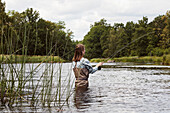 Woman fishing in lake