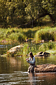 Woman fishing in lake