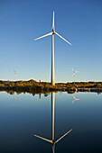 Ansicht einer sich im Wasser spiegelnden Windkraftanlage