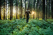 Hunter walking through forest