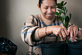 Frau pflanzt Topfpflanzen zu Hause