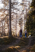 Paar beim Spaziergang mit Hund im Wald