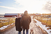 Couple walking with dog