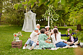 Family raising toast at picnic