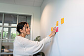 Woman putting post-its on office wall