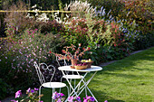 Gartentisch mit Stühlen auf Rasen vor Staudenbeet im sommerlichen Garten