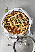 Savory mushroom and root vegetable pie made with stout beer
