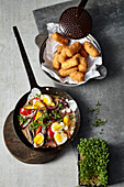Egg, mushroom and pepper skillet with panko croquettes