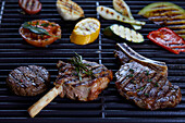 Assorted grilled meat and vegetables on the grill