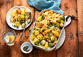 Vegetarian Brussels sprouts and potato casserole with tofu