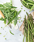 Fresh wild garlic, asparagus and peas