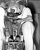 Preparations being made before Manhigh II flight, 1957