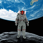 Astronaut standing on a meteor in Earth orbit, illustration