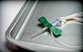 Butterfly catheter on a metal tray, conceptual image