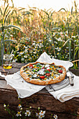 Colourful vegetable pizza on rustic wooden table outside