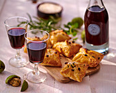 Puff pastry served with walnut wine