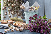 Various seed stands for seed collection on garden table
