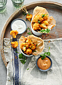 Deep fried cauliflower bites with dips