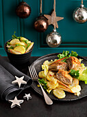 Chestnut maultaschen with potato and pear salad